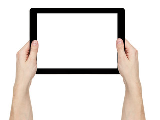 adult man hands holding generic tablet pc with white screen