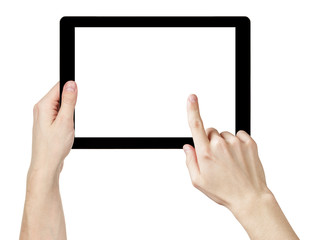adult man hands using generic tablet pc with white screen