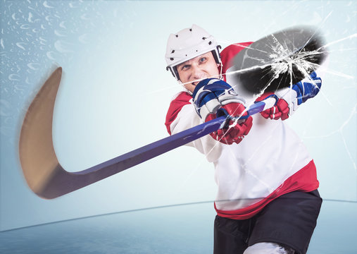 Aggressive Hockey Player Shot Into Camera Front Glass