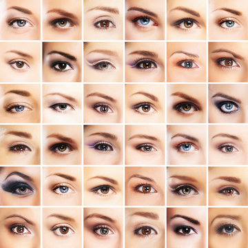 A collection of many female eyes with different makeup