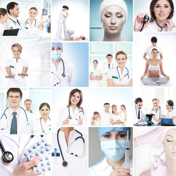 A collection of medical images with hospital workers and nurses