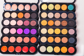 Cosmetics. Colorful eye shadows palette. Makeup background