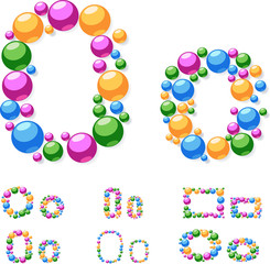 Vector alphabet symbols of colorful bubbles or balls. O