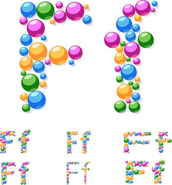 Vector alphabet symbols of colorful bubbles or balls. F