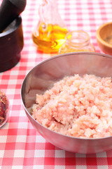 Minced fish in the bowl and spices