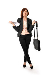 doubtful business woman or student with portfolio