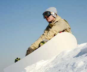 Snowboarder sitting on a ski slope