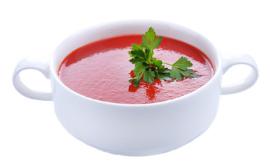 Tasty tomato soup, isolated on white