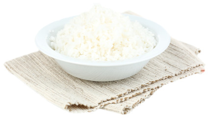 Cooked rice in bowl isolated on white