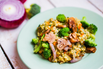 Brown rice with vegetables(onions,mushrooms,broccoli) and tofu