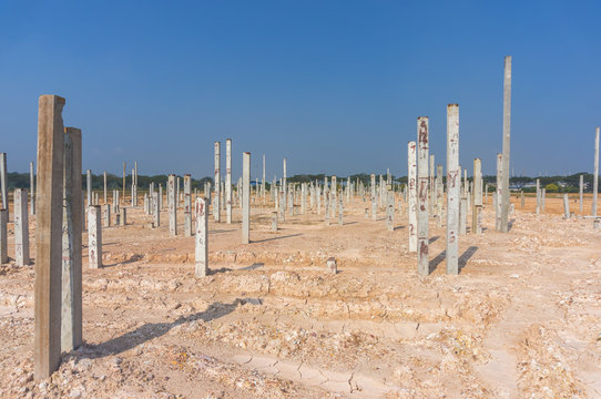 Piling work at construction site with blue skies background