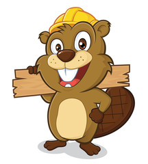 Beaver wearing a hard hat and holding a plank of wood © sundatoon