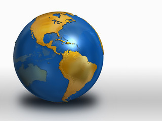 Blue and Gold Earth over white background - western hemisphere