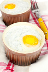Baked eggs close up
