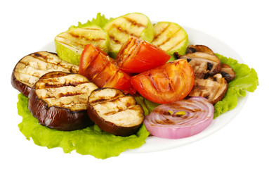 Delicious grilled vegetables on plate isolated on white