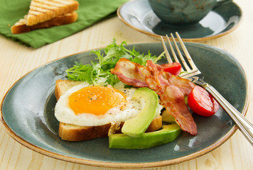 Scrambled eggs with bacon and avocado.