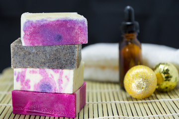 Stack of handmade soaps for spa