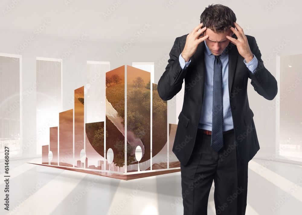Poster composite image of stressed businessman with hands on head