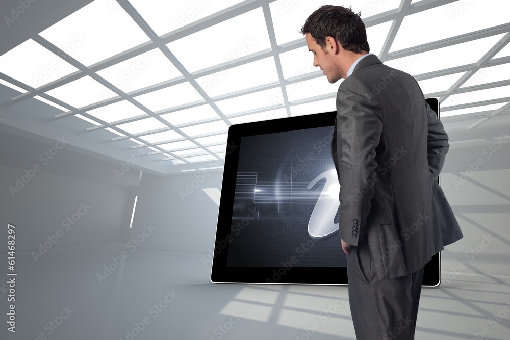 Poster composite image of smiling businessman with hands on hips