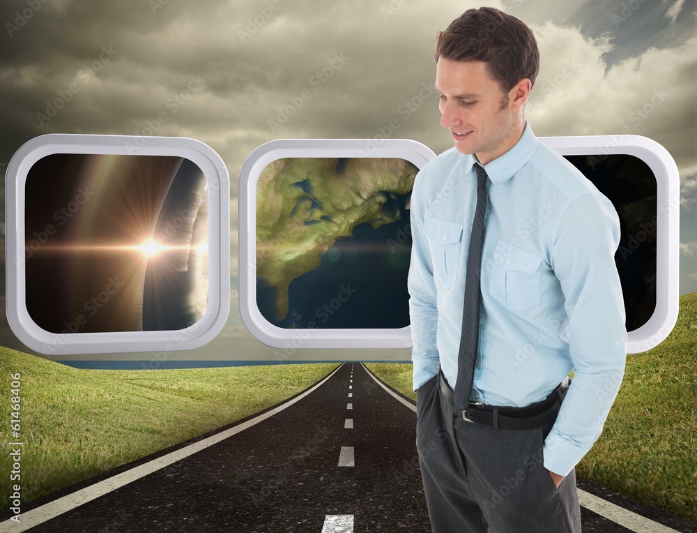 Poster composite image of happy businessman standing with hand in