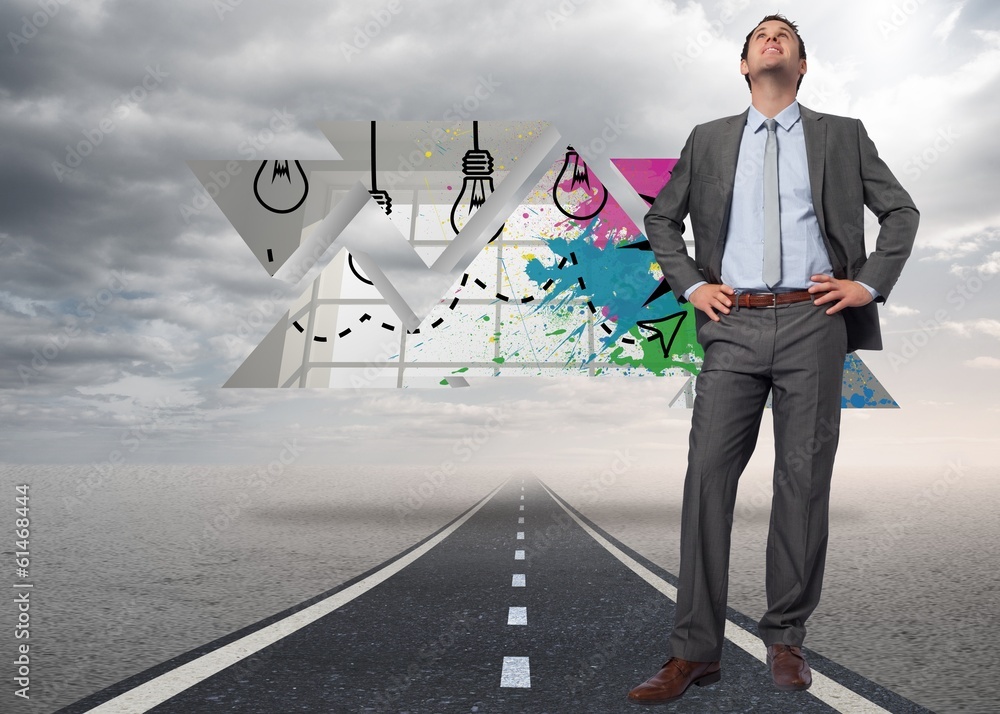 Poster composite image of smiling businessman with hands on hips