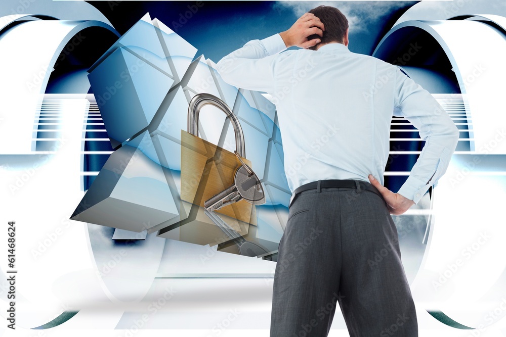 Poster composite image of thinking businessman with hand on head