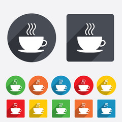 Coffee cup sign icon. Hot coffee button.