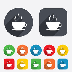 Coffee cup sign icon. Hot coffee button.