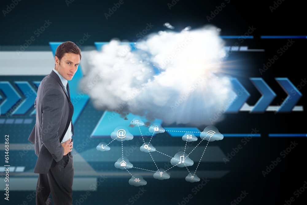 Poster composite image of serious businessman standing with hands on