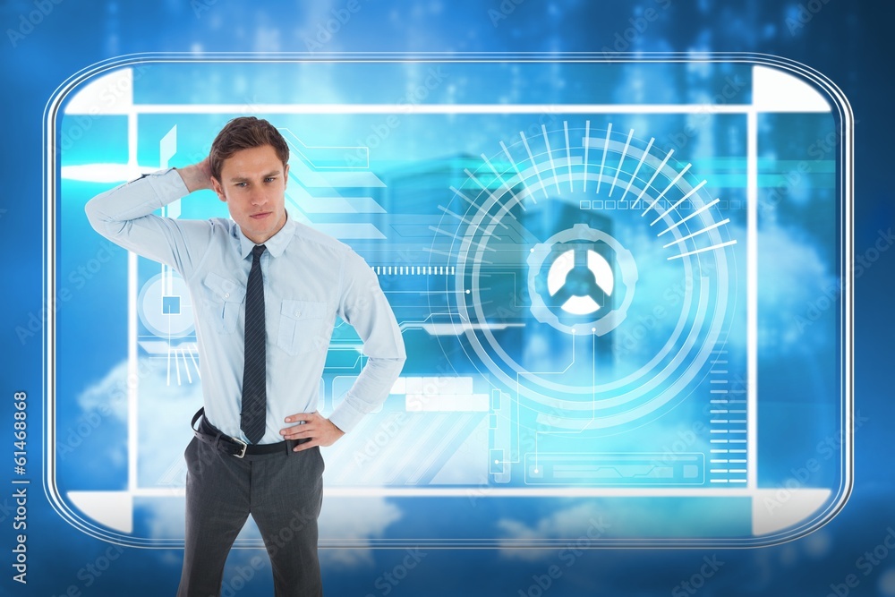 Poster composite image of thinking businessman with hand on head