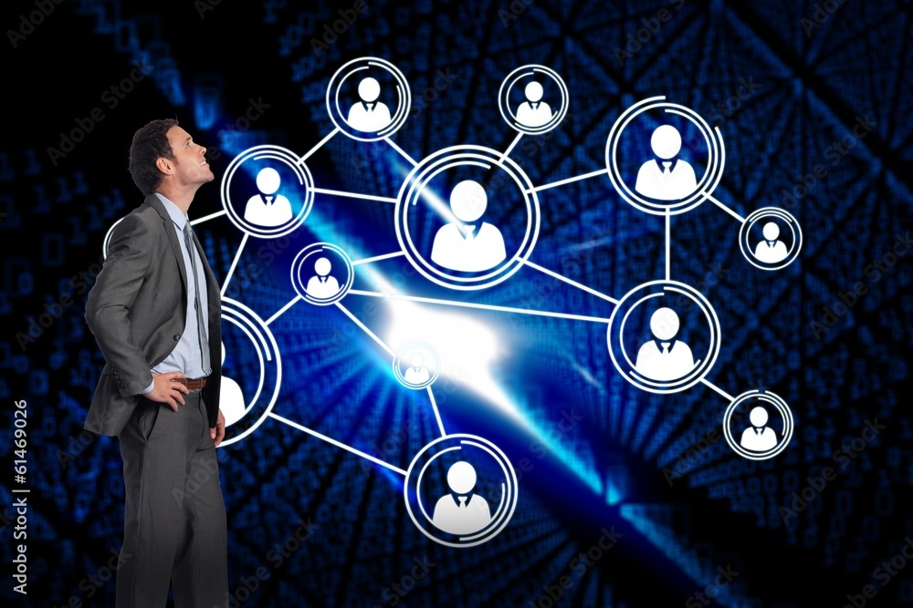 Poster composite image of smiling businessman with hand on hip