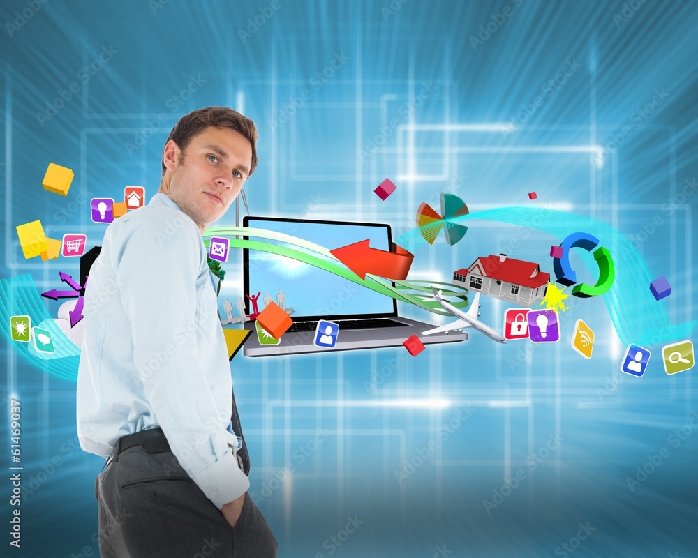 Poster composite image of serious businessman standing with hands in