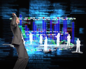 Composite image of businessman posing with hands up