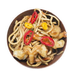Asian noodles with chicken and chili isolated
