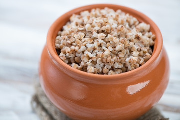 Close-up of boiled buckwheat, horizontal shot