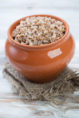 Ceramic pot with boiled buckwheat