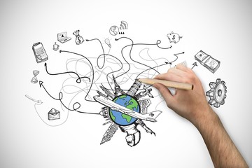 Composite image of hand holding a pencil