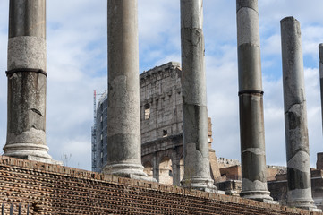 Views of Colosseum behind a line of columns from the Roman Forum