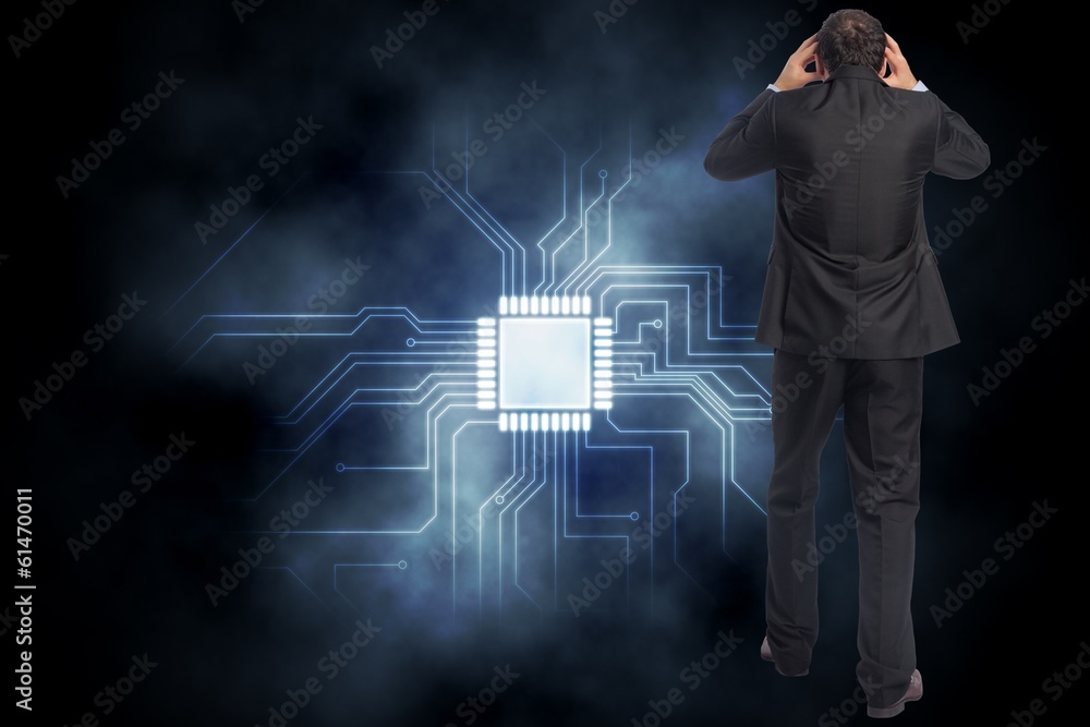 Poster composite image of stressed businessman with hands on head