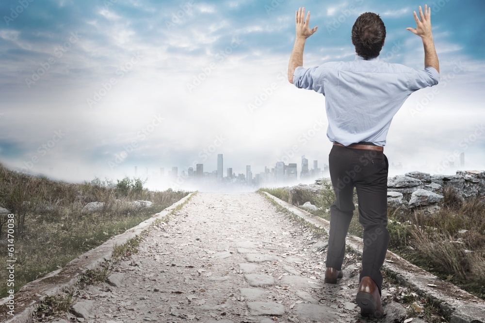 Poster composite image of businessman posing with arms up