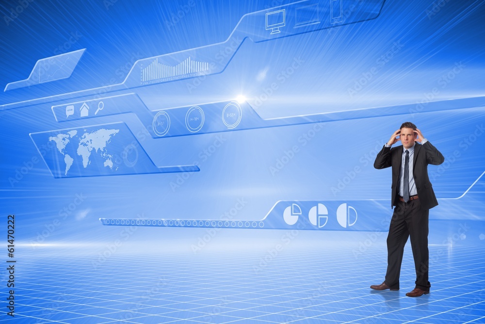 Poster composite image of stressed businessman with hands on head