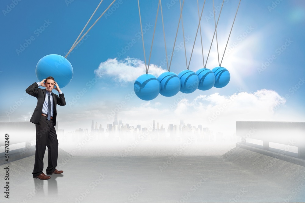 Poster composite image of stressed businessman with hands on head