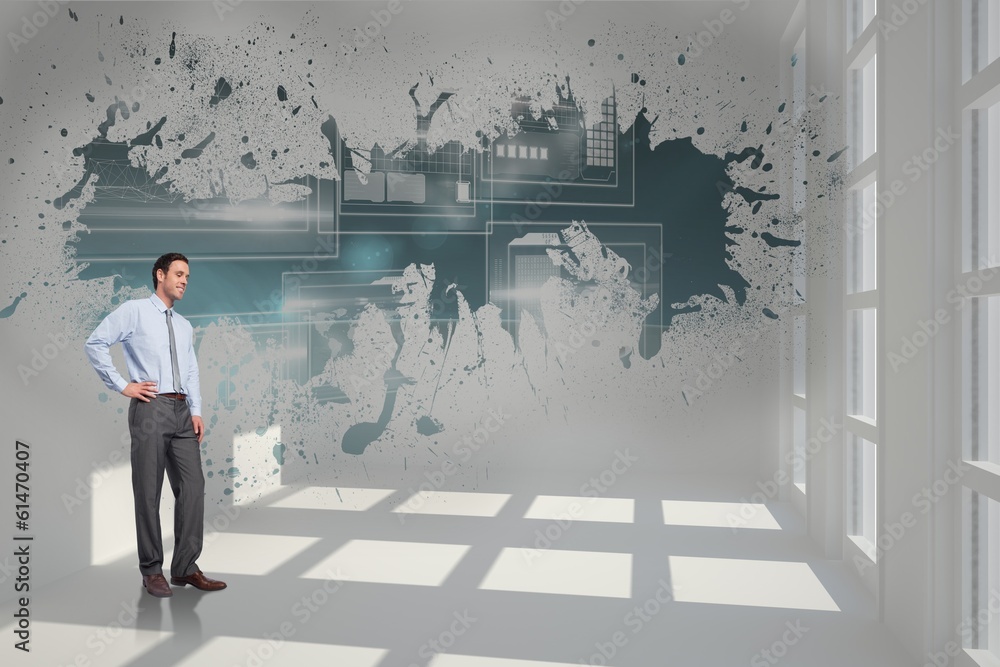 Poster composite image of smiling businessman with hand on hip