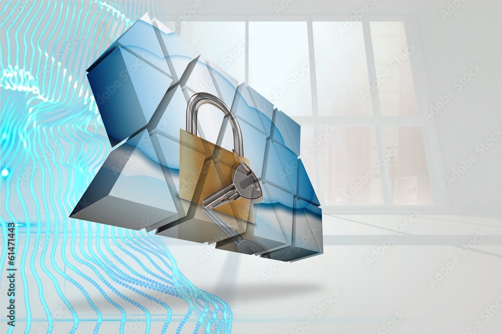 Poster Composite image of lock and key on abstract screen