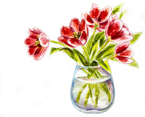 Spring flowers in vase, watercolor illustration