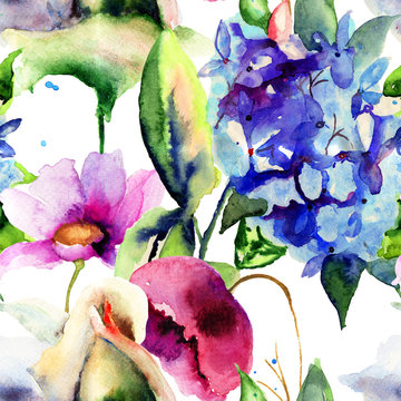Fototapeta Bezszwowa tapeta z kolorowymi letnimi kwiatami