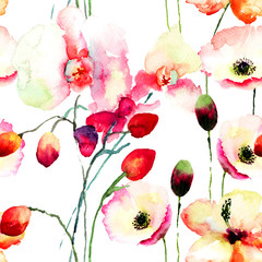 Seamless pattern with Pink orchids and Poppy flowers