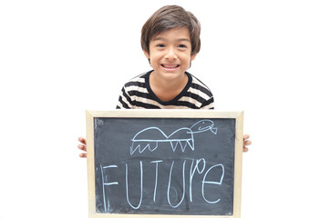 Little boy showing blackboard word 