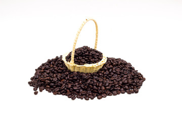 Coffee beans in basket on white  background