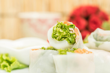 Delicious and healthy Vietnamese rice paper rolls with chicken a